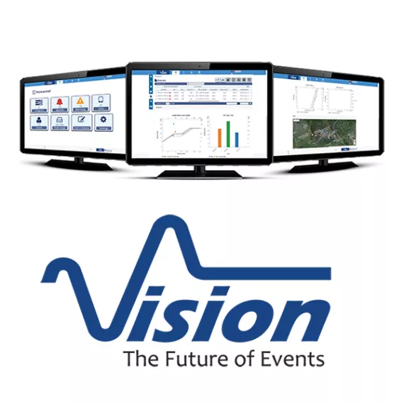 Monitor screens displaying Vision software with logo below