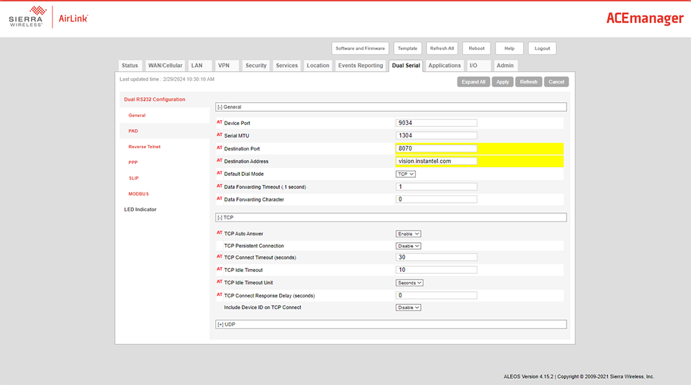 Correct settings to configure the modem to Vision