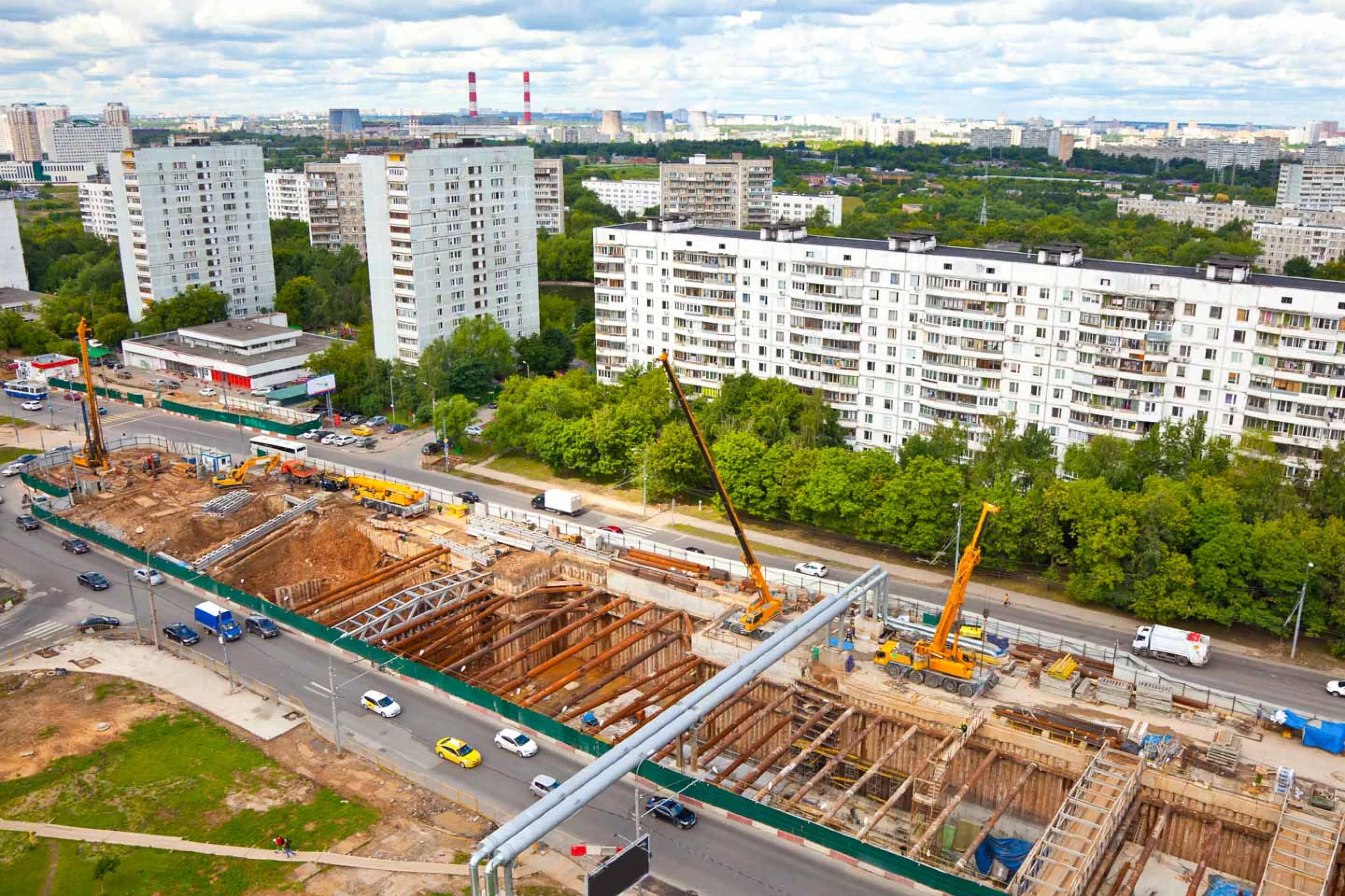 Aerial view of tunnel construction through city