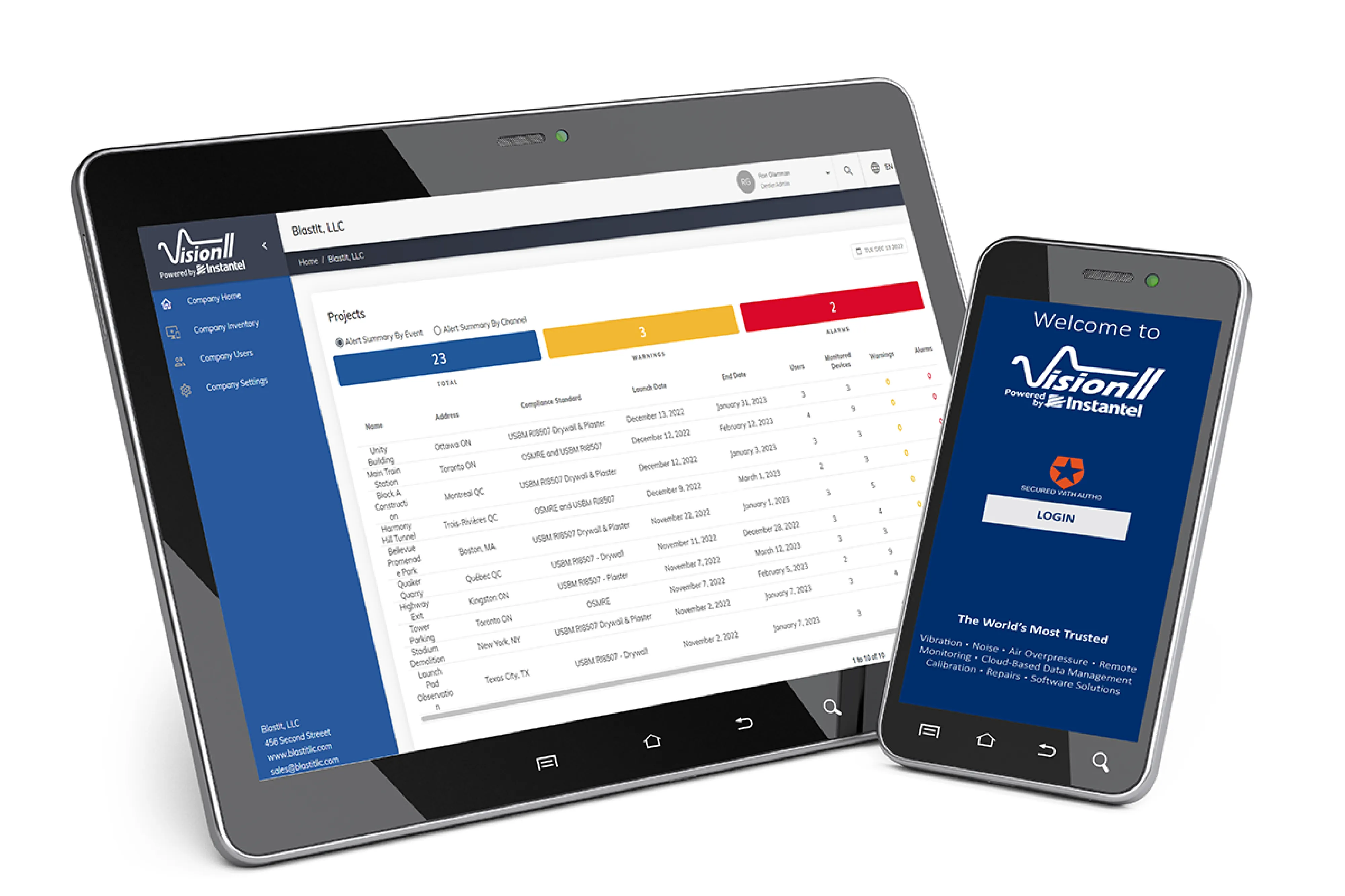 Screen shot of Vision II project page on a tablet with a cell phone welcome screen