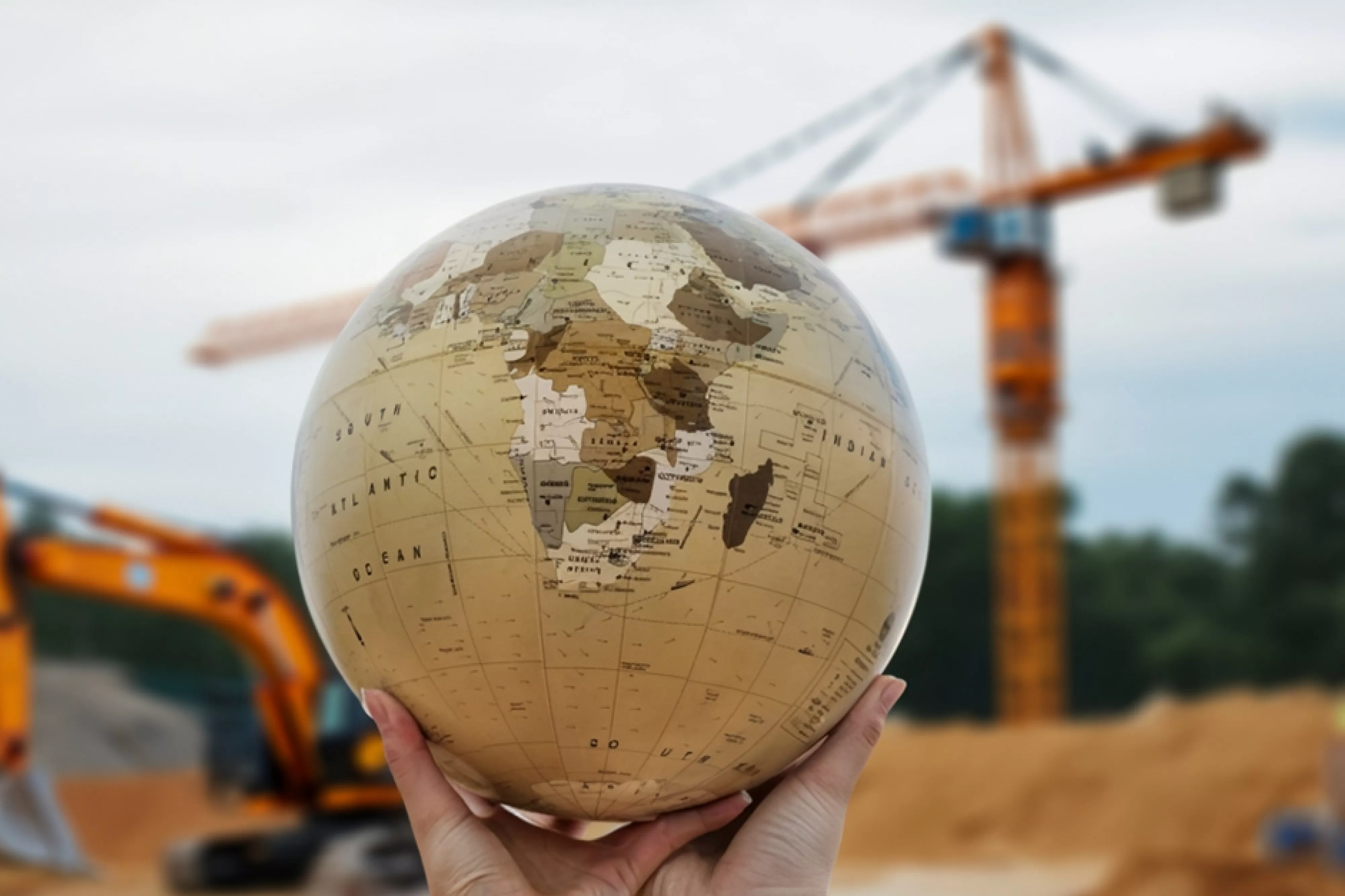 Holding a globe with a construction scene in the background