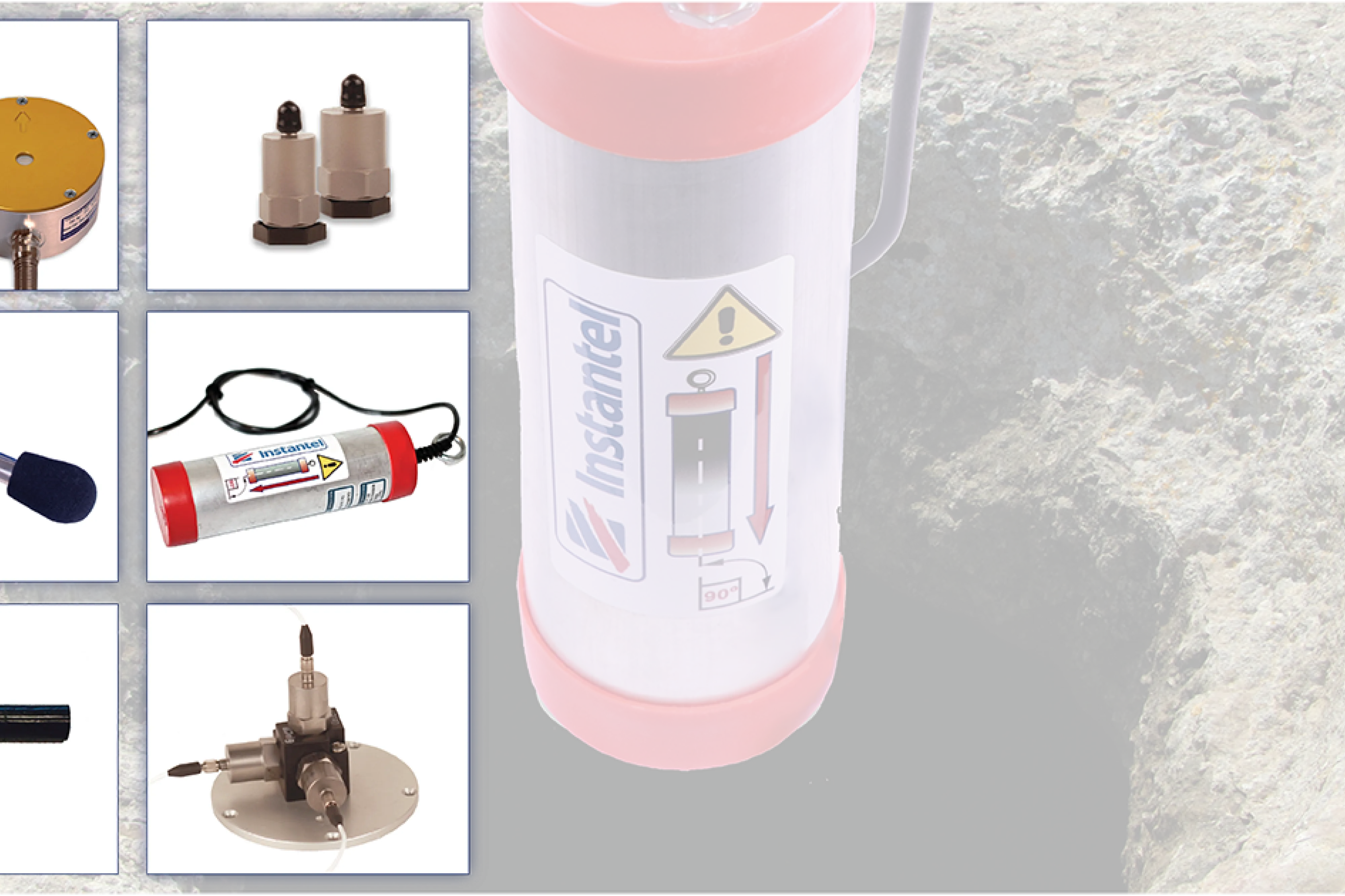 Assorted advanced Instantel sensors with a borehole geophone in the background