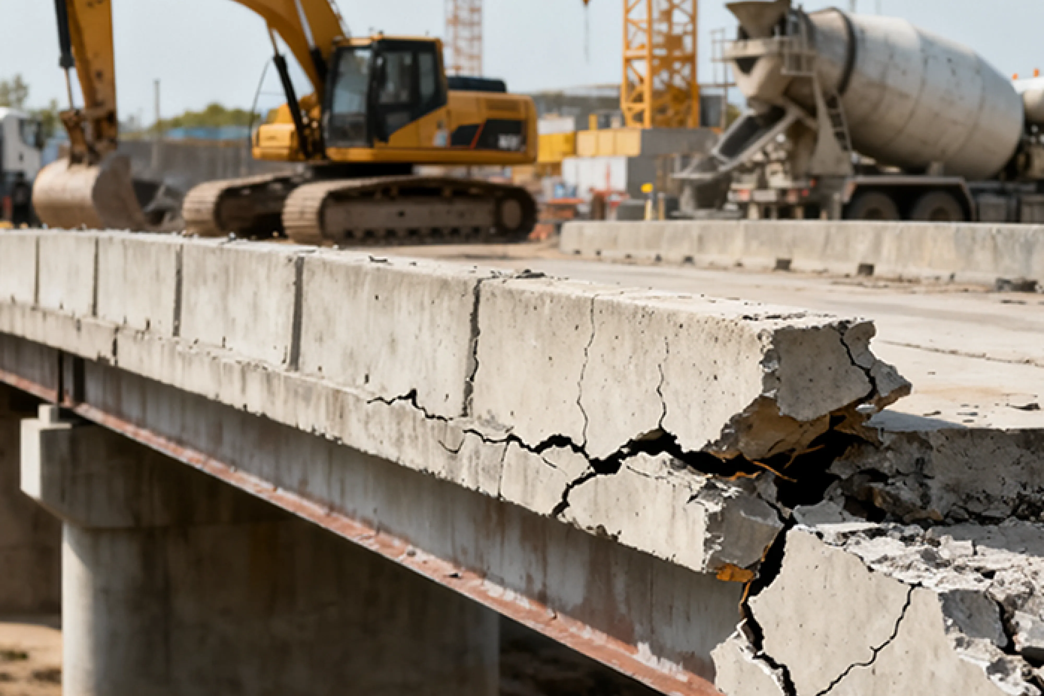 Bridge demolition with equipment in the background