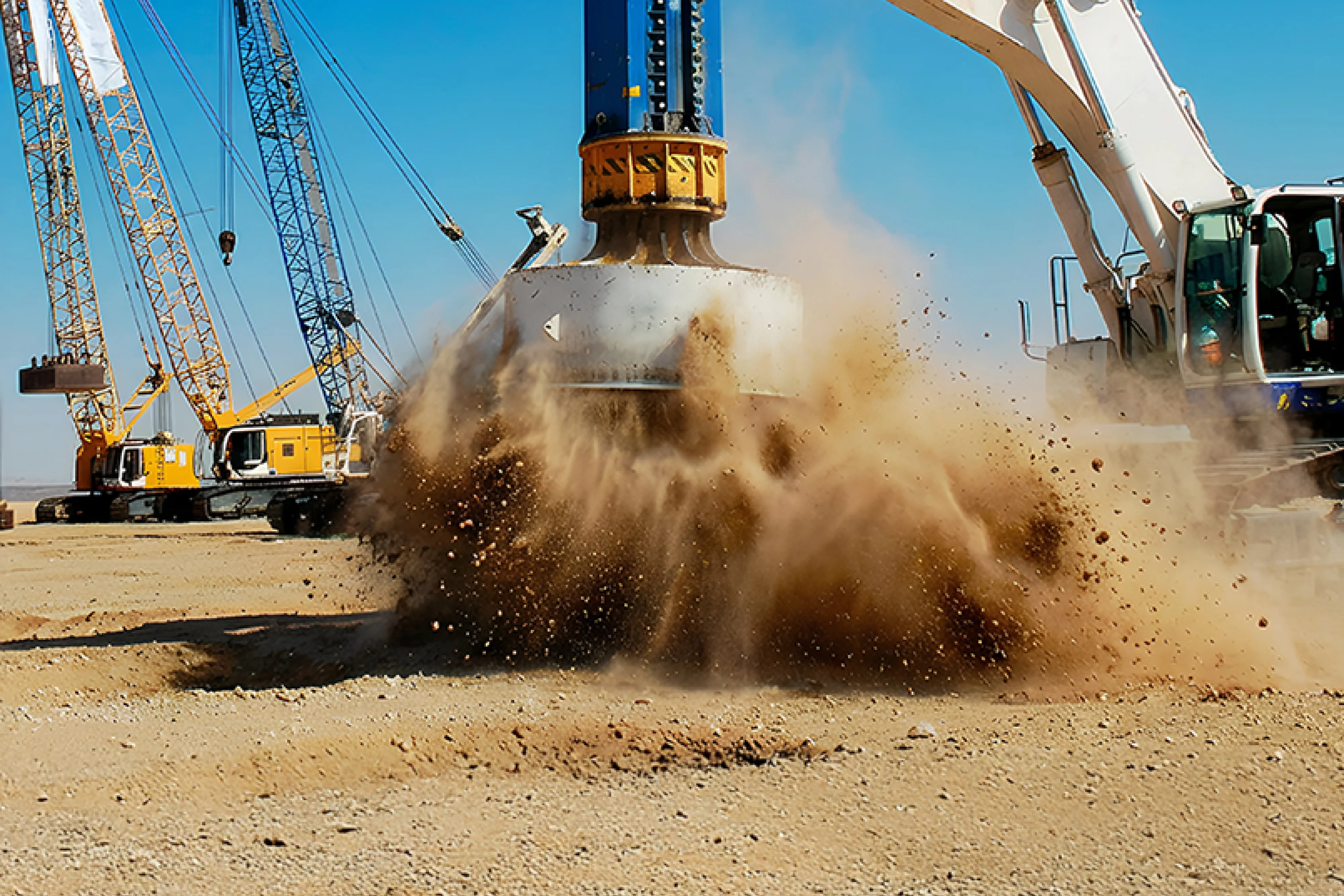 Dynamic compaction machine hitting the ground with force and dirt flying up