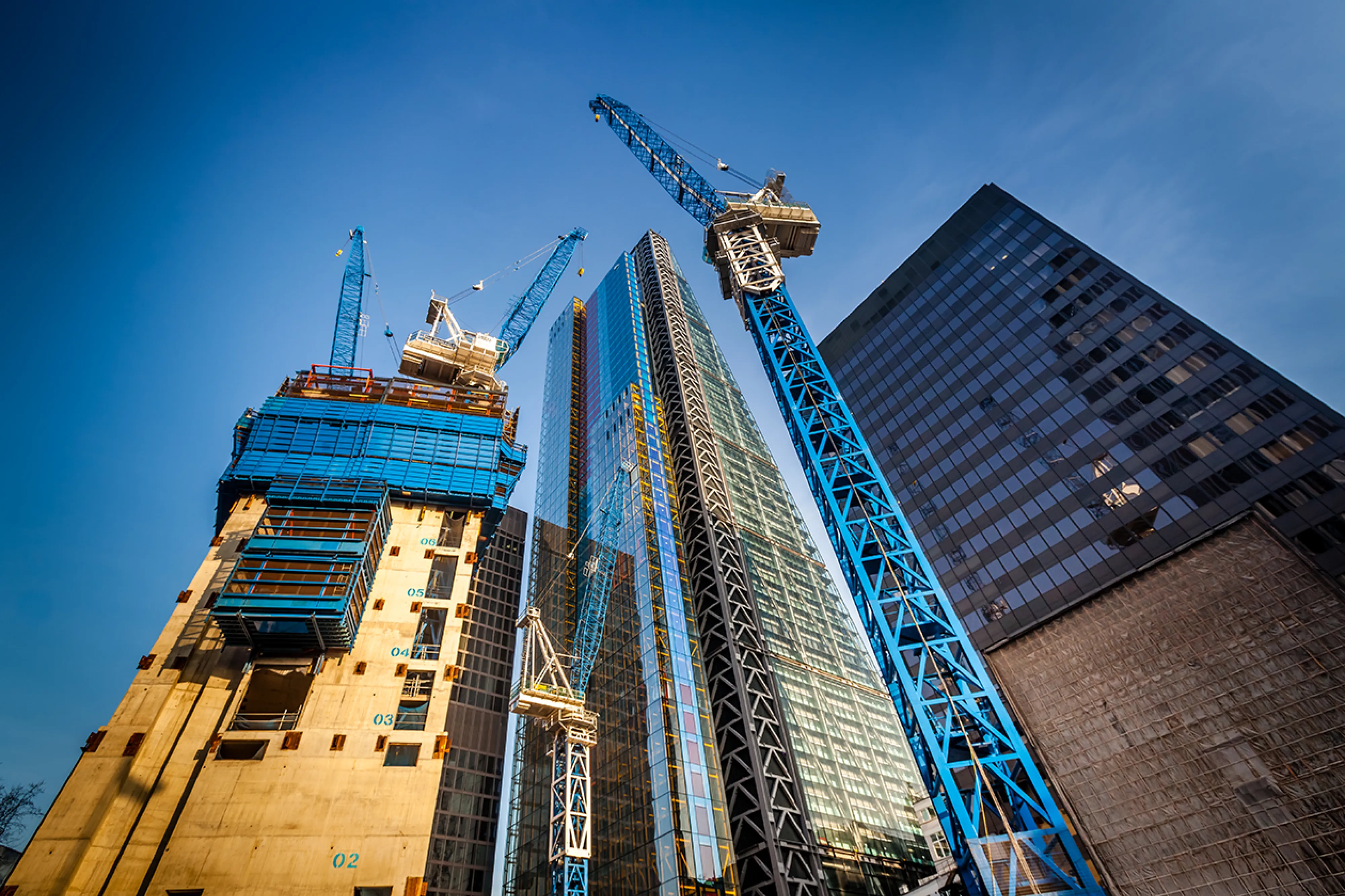 A view of buildings under construction from the ground to the sky