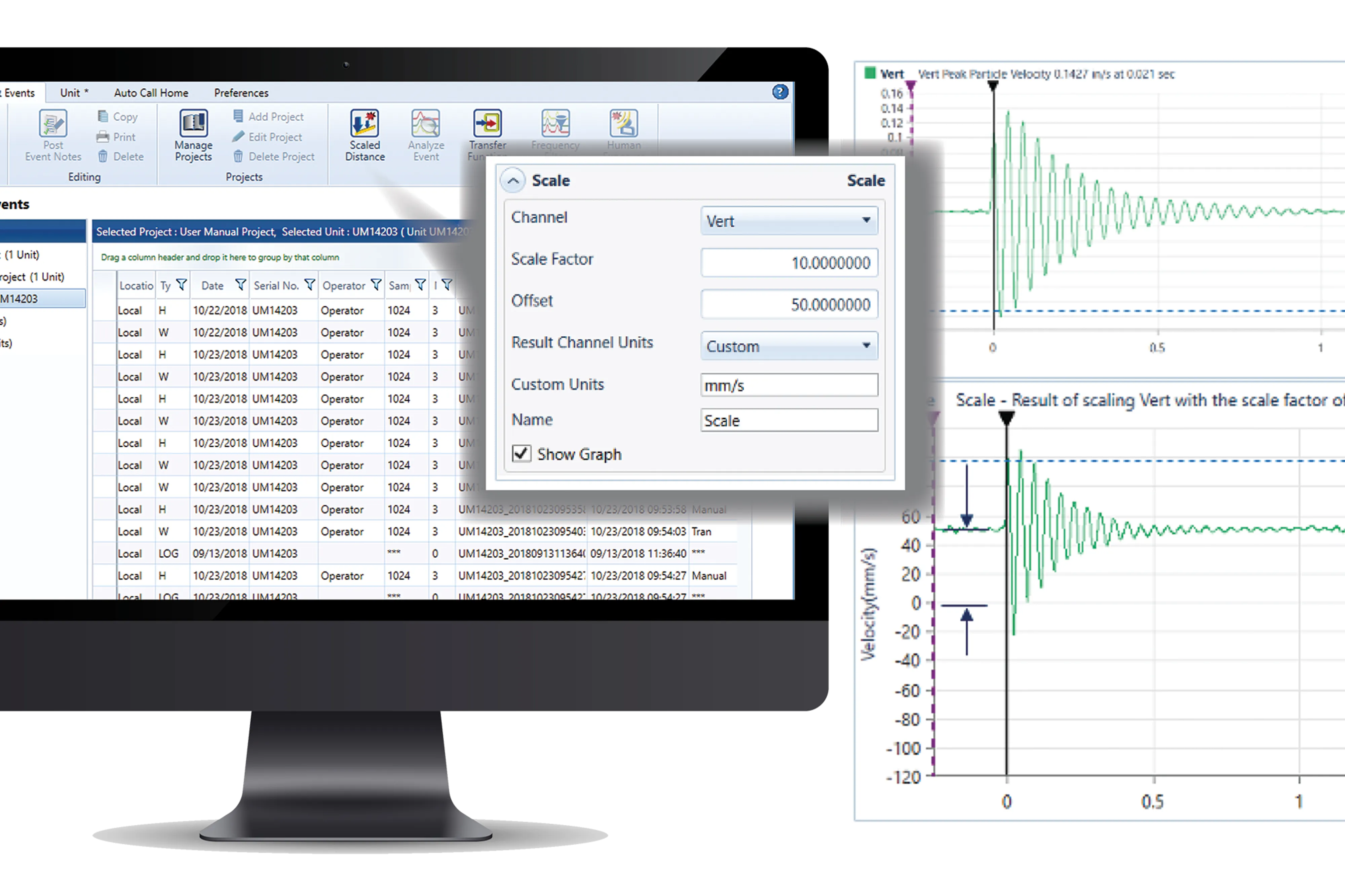 A computer screen with a scaled distance pop out and graph.