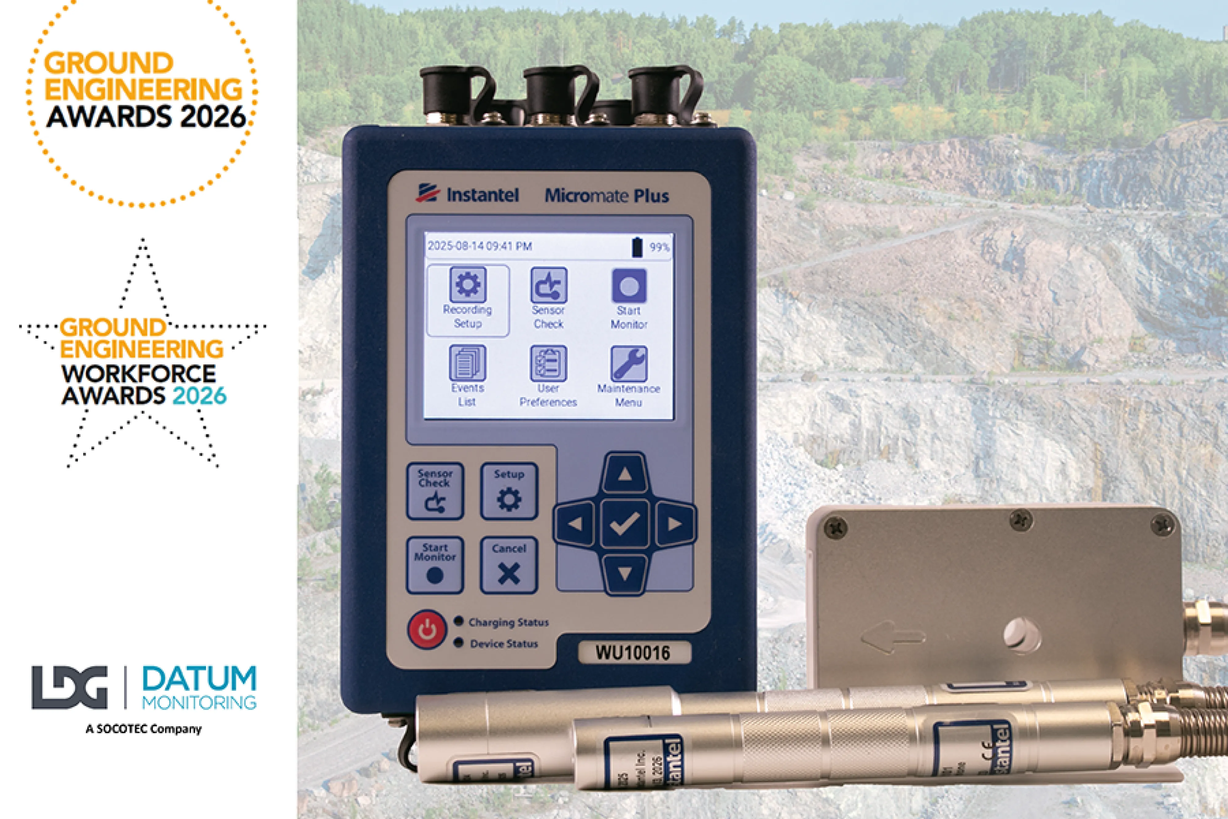 Micromate Plus and sensors on a quarry background with the GE Award logos