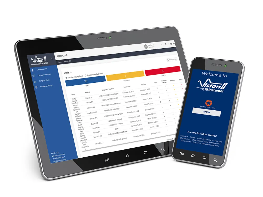 Screen shot of Vision II project page on a tablet with a cell phone welcome screen
