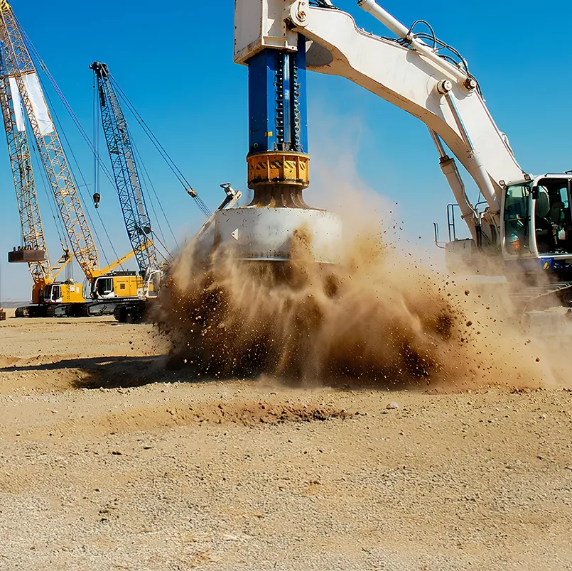 Dynamic compaction machine hitting the ground with force and dirt flying up