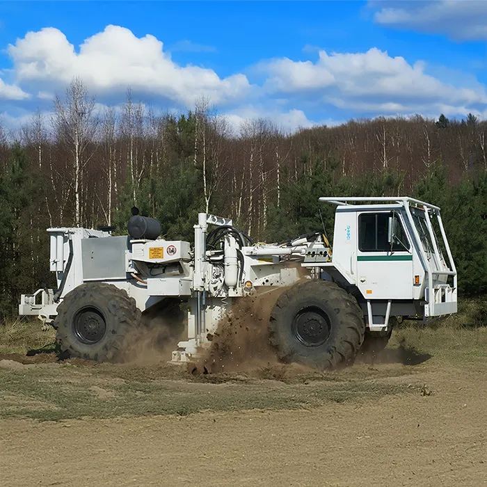 Vibroseis truck with dirt flying from impact