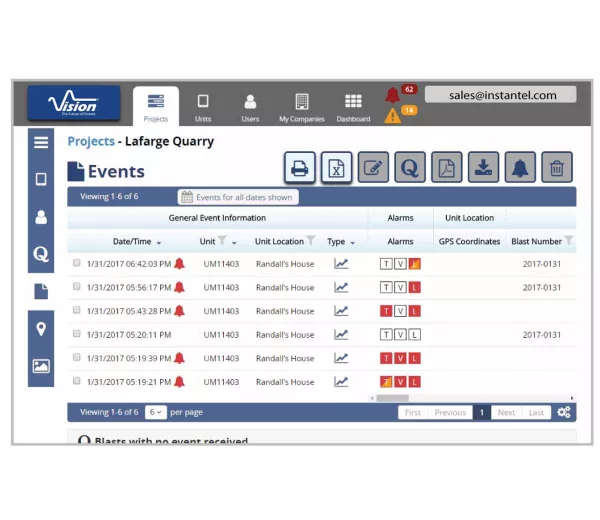 Vision software's alarms interface