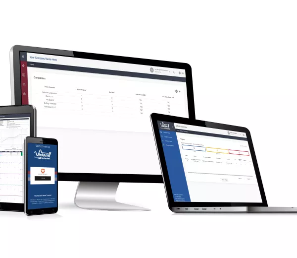 Vision II showing various screens on a computer, laptop, tablet, and cell phone.