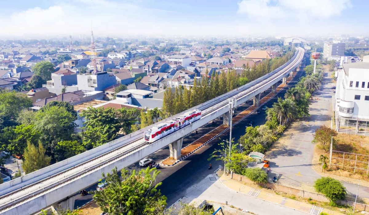 Jakarta high speed train rail with cityscape behind