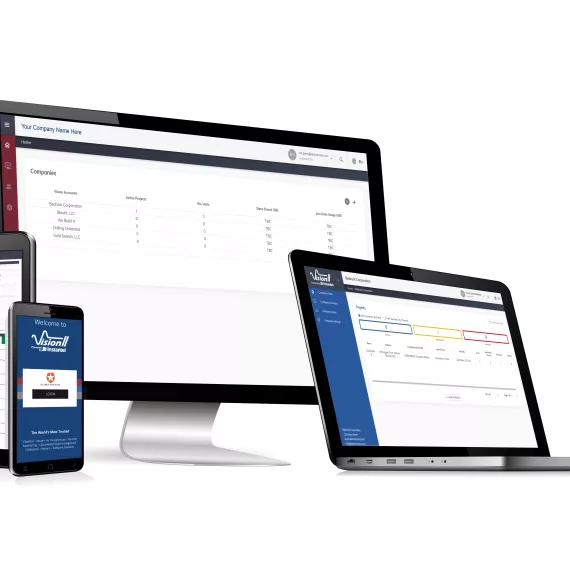 Vision II showing various screens on a computer, laptop, tablet, and cell phone.